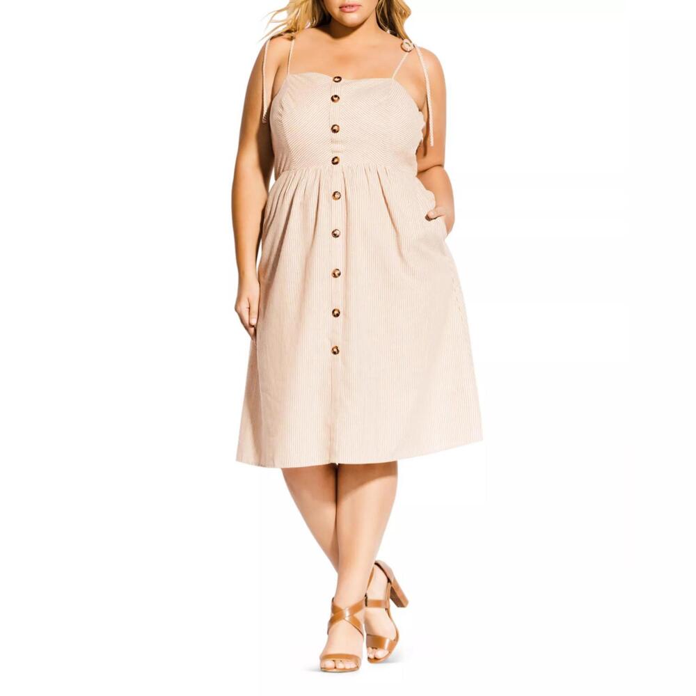 City Chic Beige Button-Front Tie-Strap Midi Dress